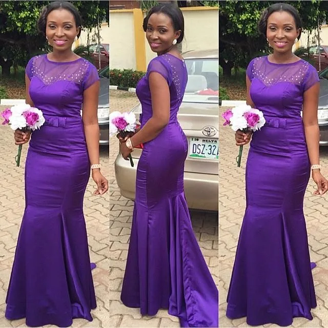 New Purple Beaded Cheap Bridesmaid Dresses 2016 Mermaid With Short Sleeves Sheer Jewel Neckline Satin Prom Dress With Bow Sash 88