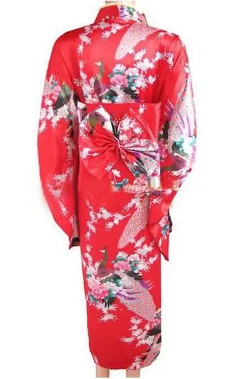 Красный традиционный японский Для женщин вечернее платье шелк искусственный шелк кимоно юката с Оби Хеллоуин костюм платье с цветочным