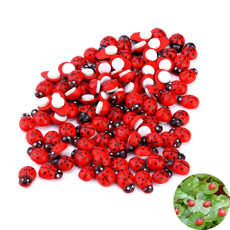

100pcs wooden simulation beetle garden ornament simulation realistic ladybug mini panel landscape ladybug decoration craft
