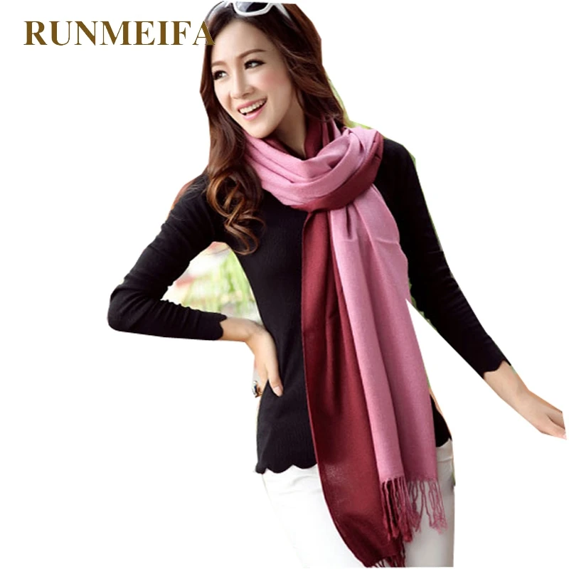 

RUNMEIFA Free Shipping Women Acrylic Wool Gradient Color Scarf Sjaal Fashion Brand Hijab Tassel Shawl Scarves Soft Fabric