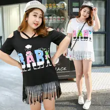 Модные Универсальные футболки с коротким рукавом; Новое поступление; сезон лето; большие размеры; принт с буквами и кисточками; европейский стиль