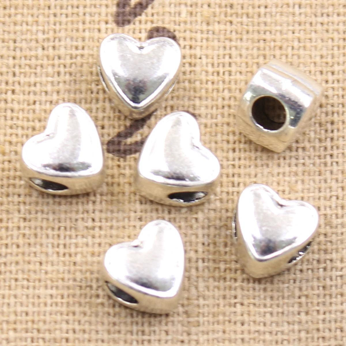 

6pcs 8x7x9mm Heart 3.5mm Big Hole Bead Charm Fits Antique Silver Color Charm Bracelets Wholesale