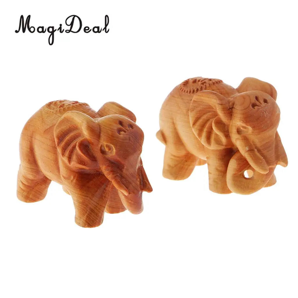 2x Miniature Wooden Elephant Statues Models for Home Garden Patio Lawn DIY Oraments
