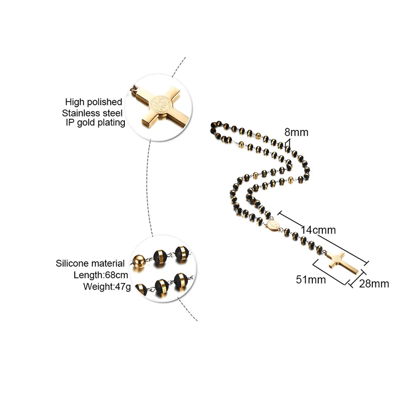 Meaeguet черный/золотой цвет Длинные Четки Ожерелье для мужчин женщин из нержавеющей стали бисера Кулон в виде креста на цепочке женские мужские подарок ювелирные изделия