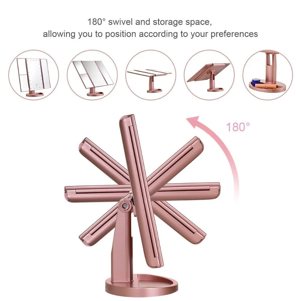 Освещенные косметическое зеркало для макияжа с 22 светодиодный свет Tri-Fold косметическое зеркало с 10X/3X/2X Упростите решение свободное вращение и Сенсорный экран