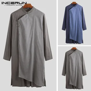 INCERUN 2019 Men Muslim Clothing Islamic Arab Kaftan Long Sleeve Cotton Patchwork Saudi Arabia Jubba Thobe Middle East Men Robes