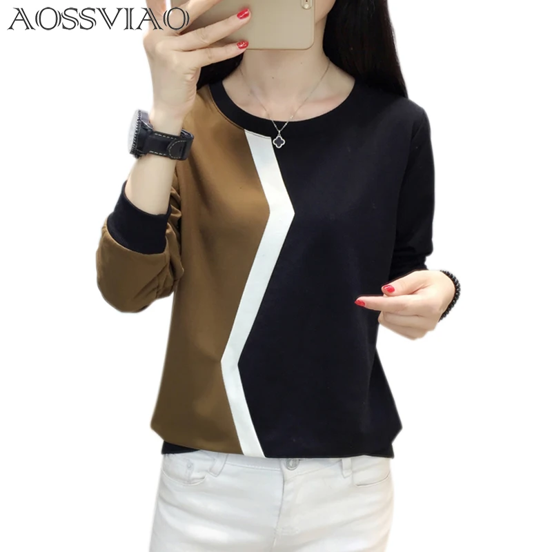 Tanie Koszulka z długim rękawem koszulka damska patchwork t shirt plus size kobiet topy jesień i zima koszulkę femme camisetas mujer 2019