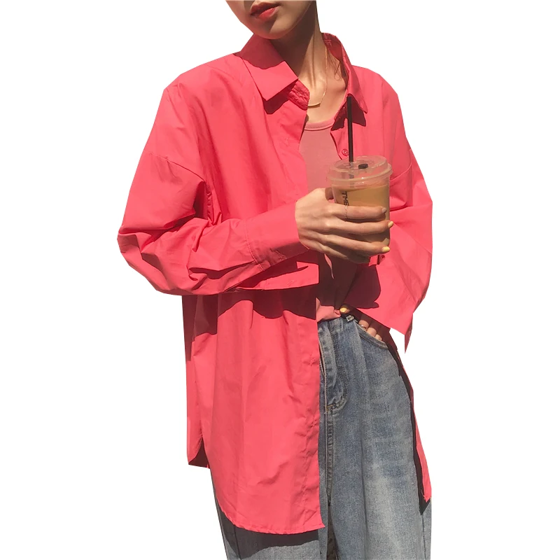 

2019 New Summer Shirts Women's College Wind Cute Pink Shirts Loose Long Sleeve Harajuku Solid Color Irregular Long Shirts #6219