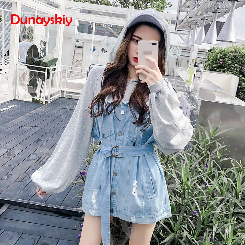 

Boyfriend Style Hoodie Dress 2019 Autumn New Arrival Loose Cotton Denim Patchwork Ripped Hole Jeans Dress Long Sleeve vestido