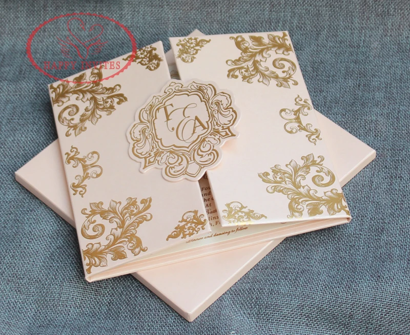 HI1142 - 10 Customized Pink Hard Cover Wedding Invitation Card with Gold Foil Made in China