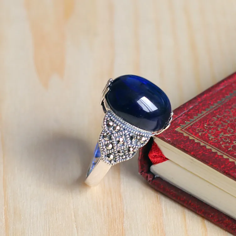 New Arrival 925 Sterling Silver Women's Athena Beautiful Blue Corundum Opening Ring Vintage Style For Mother Gift RR233 | Украшения и