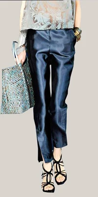[MENKAY] весенние однотонные Сатиновые брюки длиной до щиколотки для офисных леди с разрезом по бокам, элегантные женские брюки с низкой талией, Новинка - Цвет: Navy blue