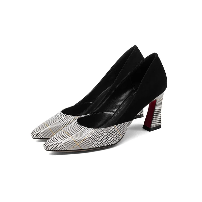 ZVQ/женские офисные туфли-лодочки; дышащая обувь смешанных цветов на нескользящей подошве с рисунком в клетку; сезон весна-лето; женская обувь на высоком каблуке - Цвет: black