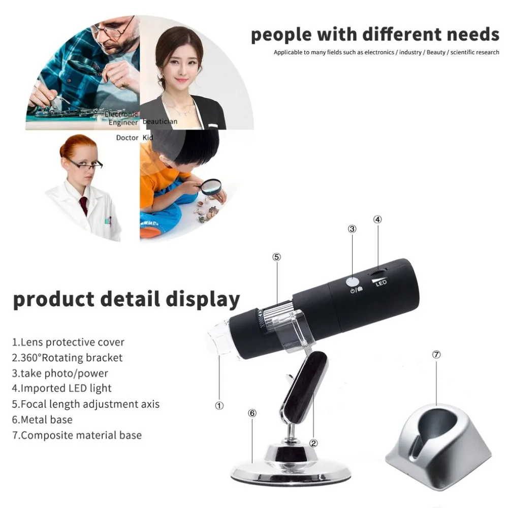  Mini HD WIFI Digital Microscope Camera 50~1000X 8LED Rotary Base Wireless Electronic Microscope For