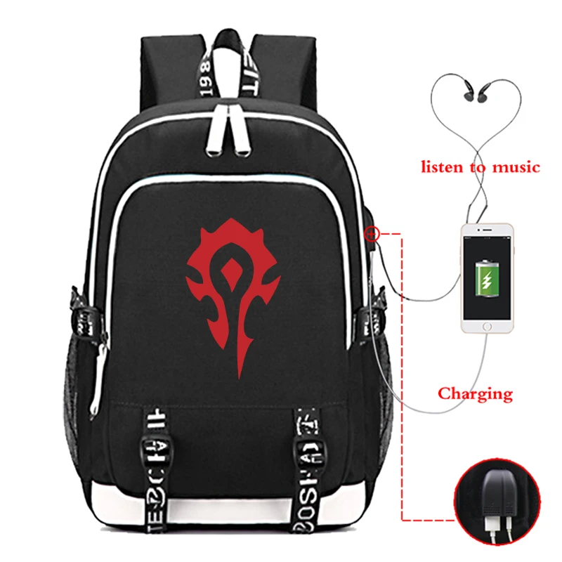 Высокое качество Мир Warcraft Mochila Мода usb зарядка Рюкзак Красивые мужчины женщины студентов обратно в школьный рюкзак