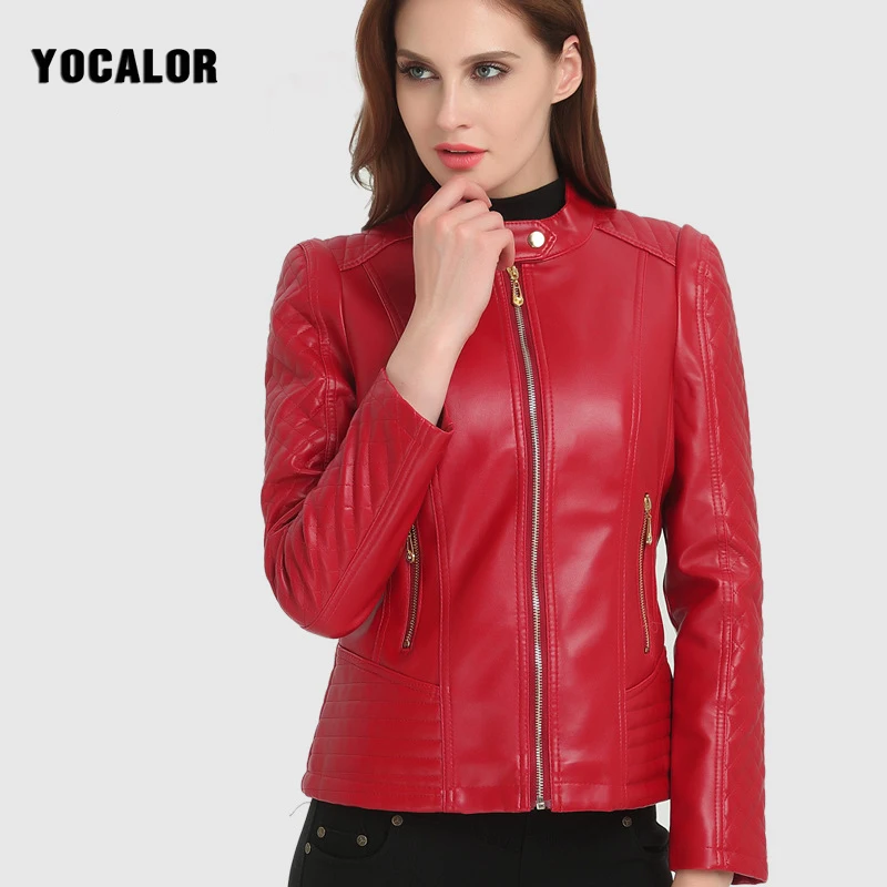 2018 6XL Fashion Woman Short Motorcycle Pu Leather Zipper Red Jacket For Female Women Basic Jackets Autumn Large Sizes Outerwear