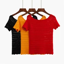Women Hollow Out T-shit 2017 Spring Sexy Knitted Tshirt Slash Neck T shirt C Women Tees Short Sleeve Tops Female