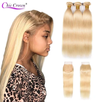 

613 Bundles With Closure Blonde Bundles With Closure Brazilian Straight Human Hair 2/3/4 Bundles 613 Weave With Closure Blonde