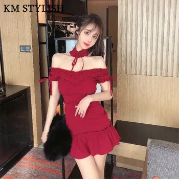 

Rose French Leakage Clavicle Neck ring Wood Ears Strapless Black Dress Early Spring Fishtail Red Dress Female