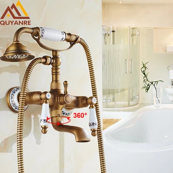 

Wall Mounted Bath & Shower Faucet Antique Brass Dual Handle Dual Holes with Tub Filler Hot and Cold Telephone Style Faucet