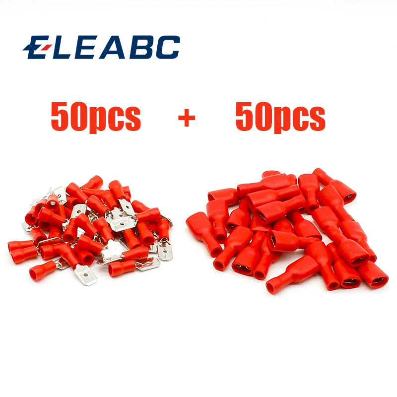 100pcs Red Spade Crimp Terminal Electrical Connectors Plug Fully Insulated Wire Connectors Audio Wiring