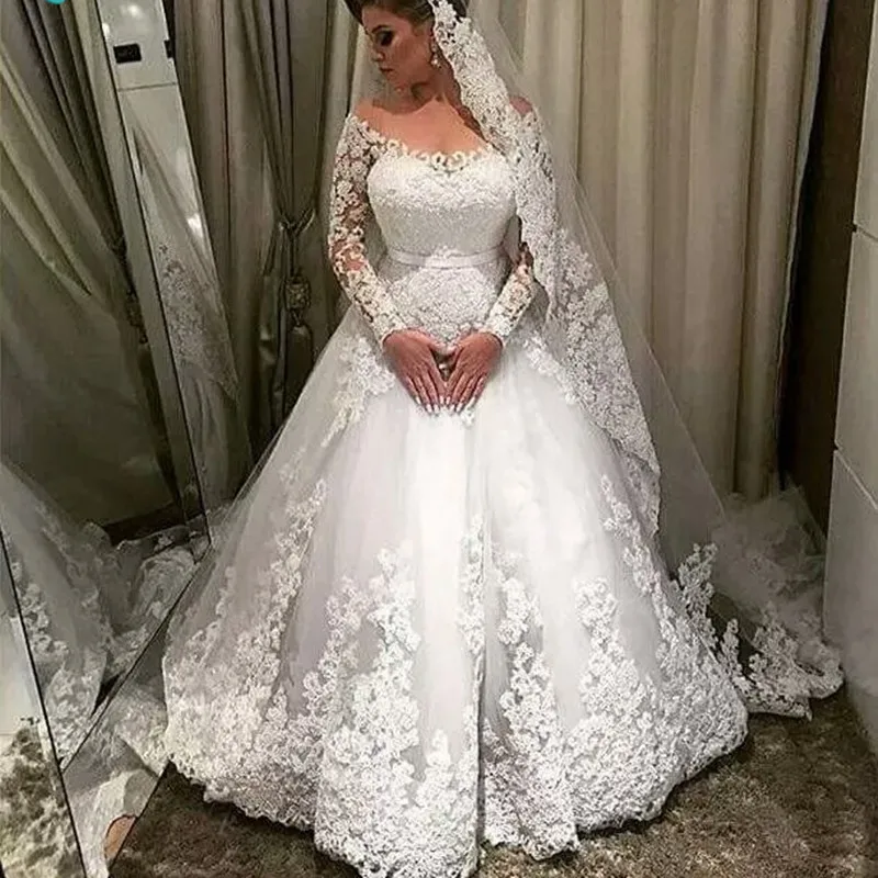 long sleeves wedding A line lace wedding dresses 2017 turkey Sexy V