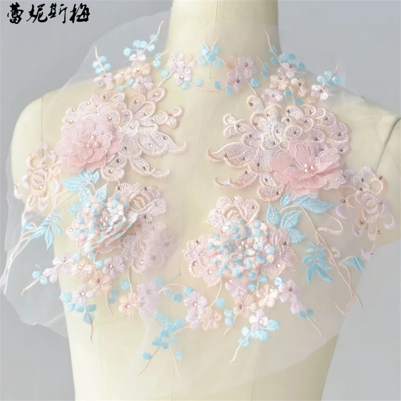 

1Pc-1Pair Contrast Embroidery Lace Bead Hot drilling Flower Wedding Dress Children's Clothing Handmade diy Accessories 36X19cm
