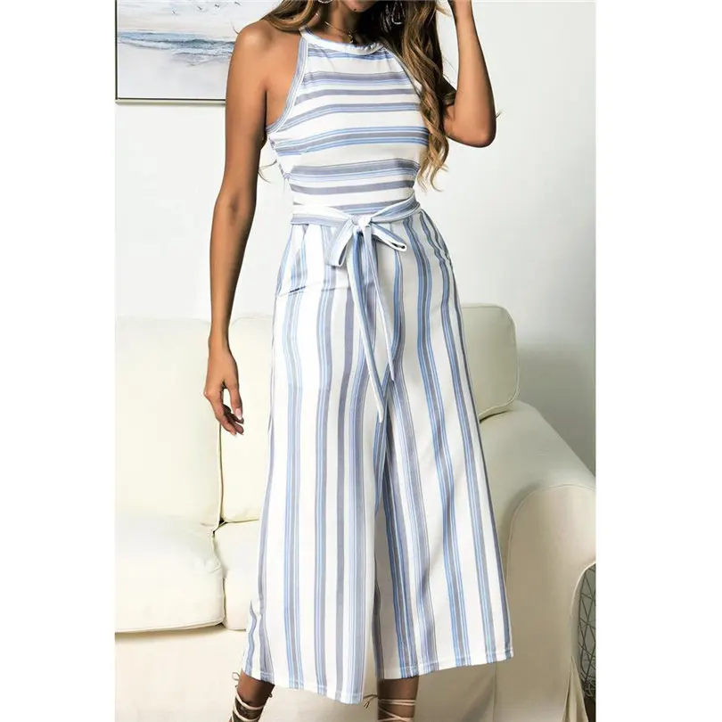 New Fashion Women Summer Sexy Sleeveless Multicolour Striped Jumpsuit Clubwear Wide Leg Pants Outfit Long Pants Jumpsuit #4A18 (21)