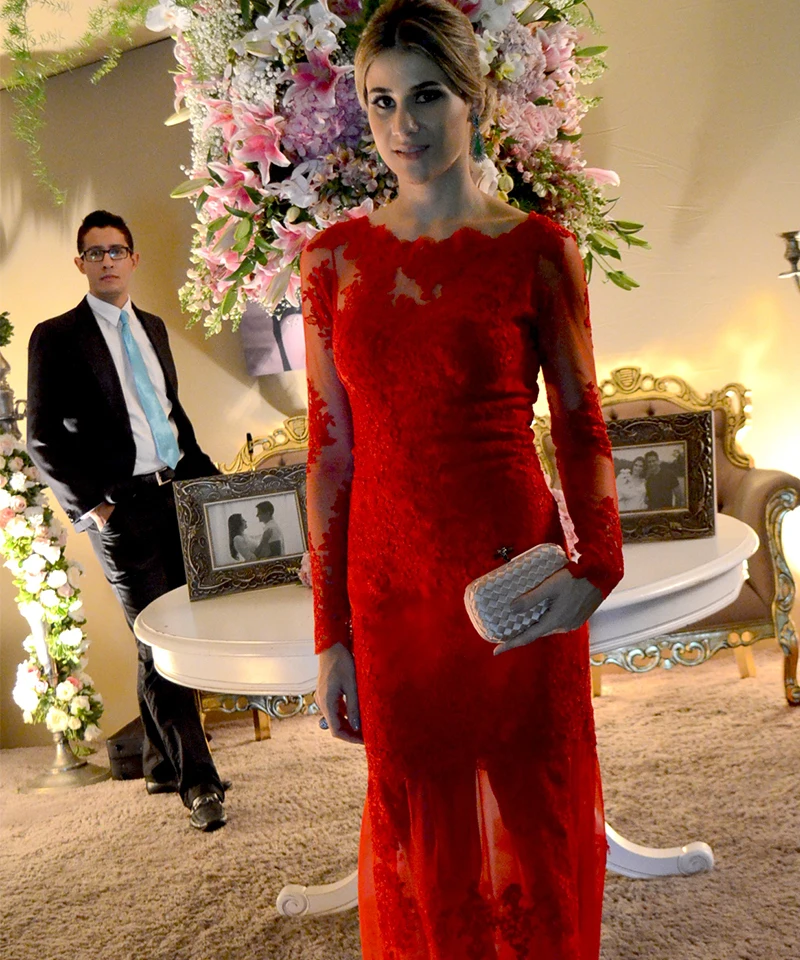 

Fashionable 2015 New Arrival Scoop See Through Appliques Lace Long Sleeve Red Evening Dresses Party DressVestidos De Festa Longo