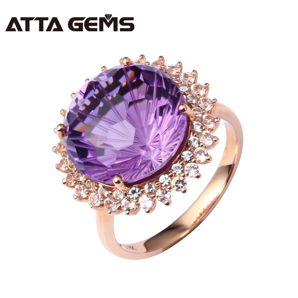 Natural Amethyst Real 18K Rose Gold Women Wedding Ring 13 Carats Amethyst Firework Cutting With Diamond Ring Jewelry Brand