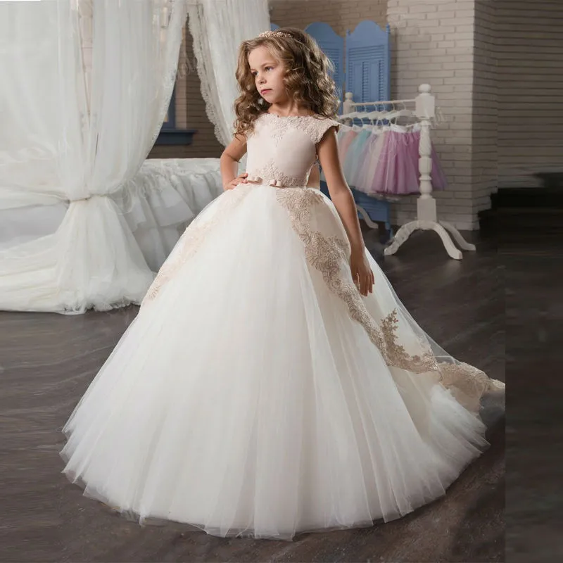 

New Champagne Lace Flower Girl Dresses for Wedding Ball Gown Applique Lace with Bow Princess First Communion Dress Birthday Gown