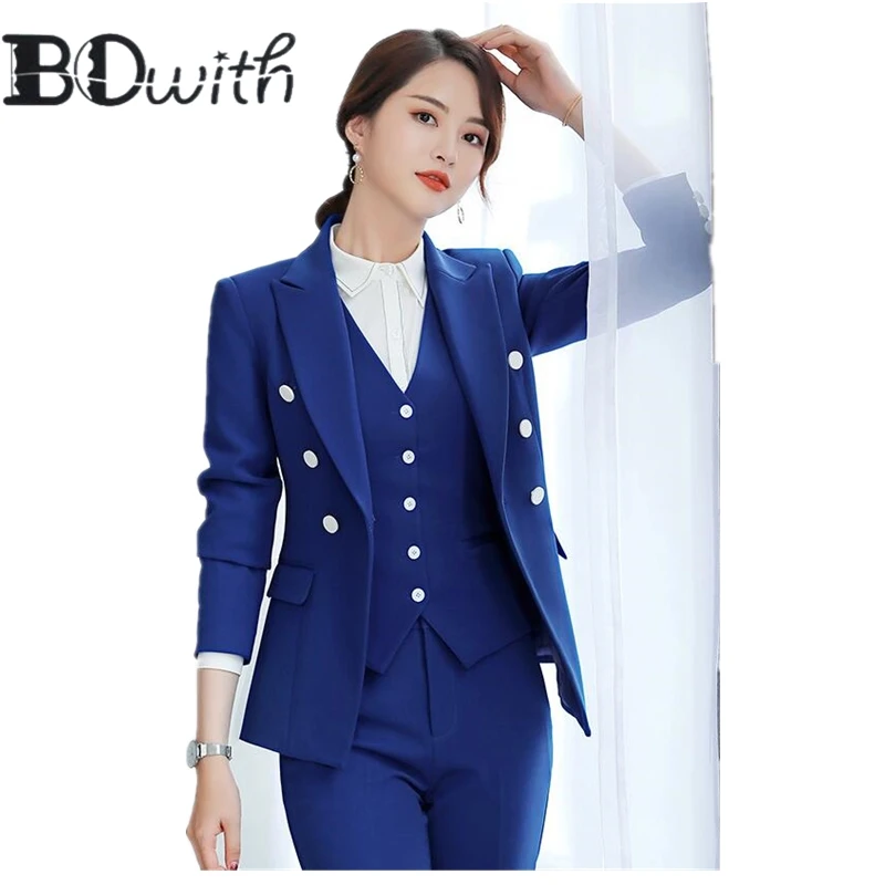 

High Quality 3 Piece Sets Work Pant Suits OL Single Breasted Women Blazer Jacket & Zipper Trousers & Vest Suit For Women Set