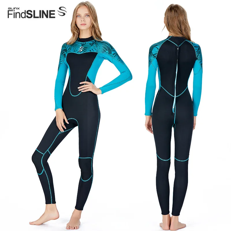 SLINX Long-sleeve Women Wetsuit 2mm Neoprene Full Body Scuba Diving Suit Patchwork Surfing Swimsuit Keep Warm Anti-UV - Цвет: Синий