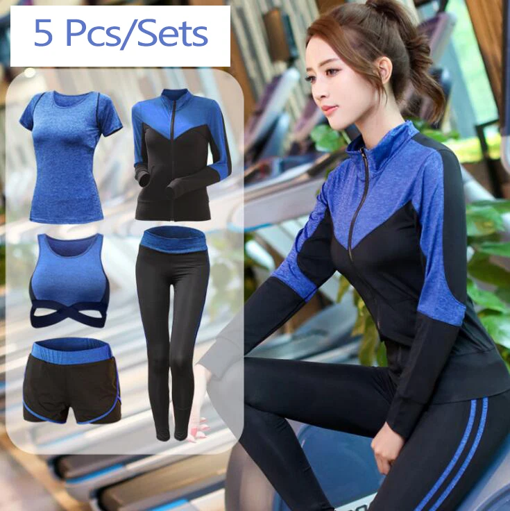

Yoga Suit High waist pants+shorts+sexy bra+t shirt+coats women 5 piece sets quick dry fitness gym clothing sports Yoga sets