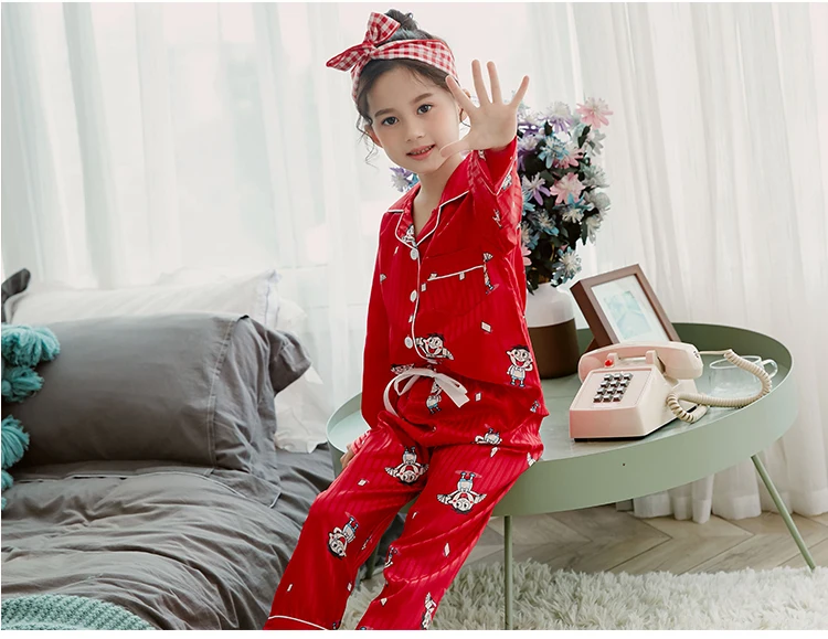 Girls Pajamas Autumn Winter Long Sleeve Children's Sleepwear Set Silk Pajamas Suit Pyjamas Sets for Kids Tracksuit Set