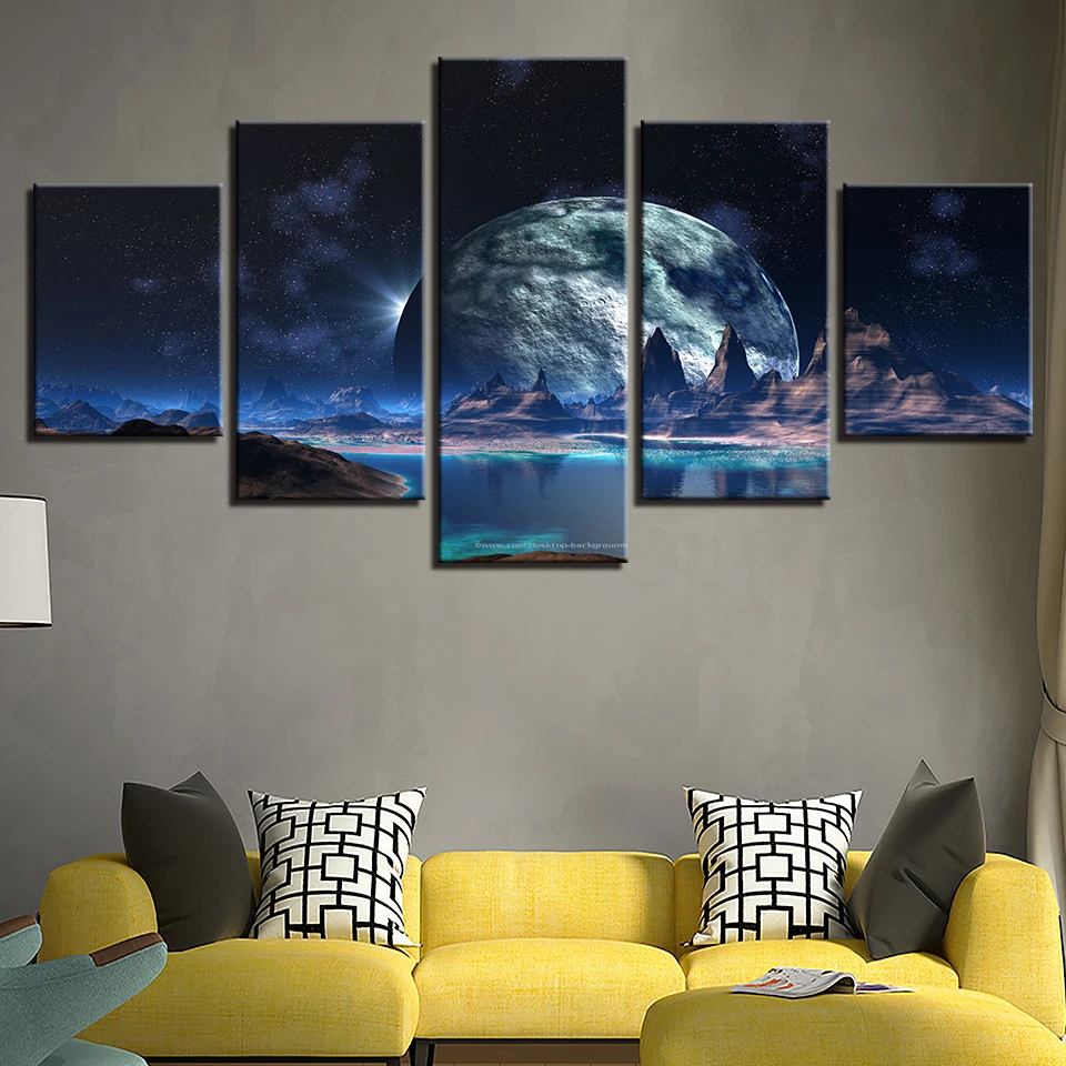 5 Pieces Canvas Paintings Lunar Starry Sky Mountain Lake Outer Space