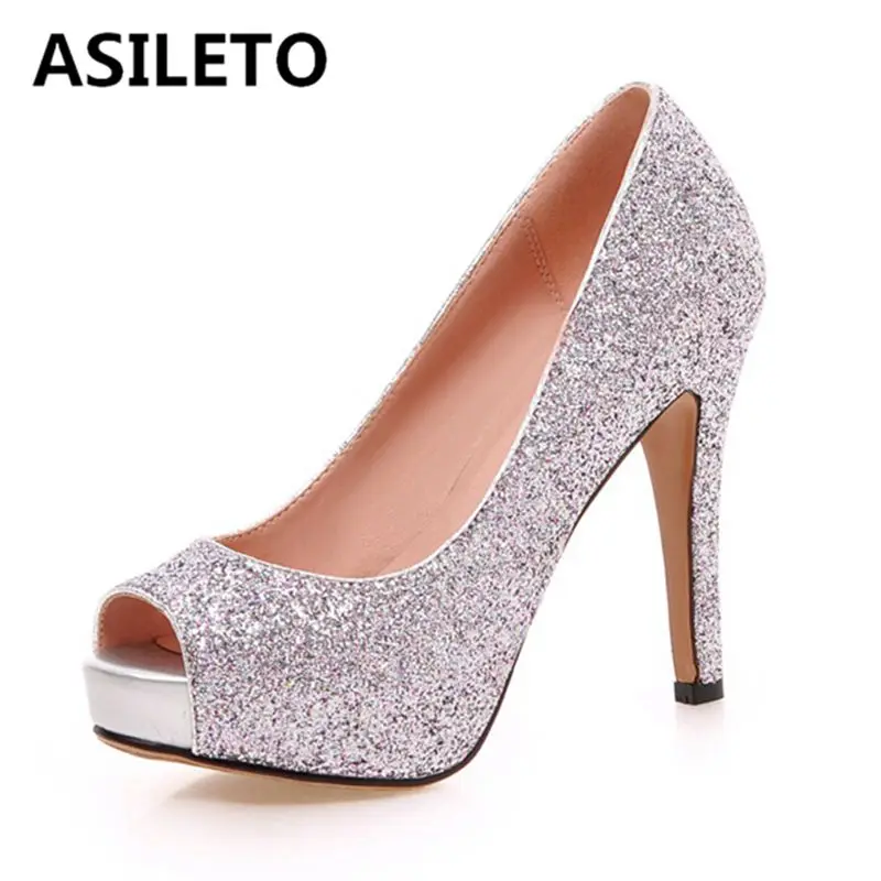 

ASILETO 2019 new high heels shoes platform peep toe women pumps sequine big size 43 gold silver stiletto party chaussure sapatos