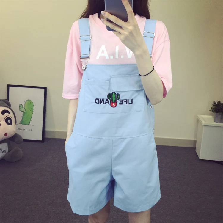 Комбинезон Harajuku мультфильм Вышивка Карманы Мода корейский стиль школьников Для женщин комбинезон Для женщин s Повседневное свободные 5 цветов