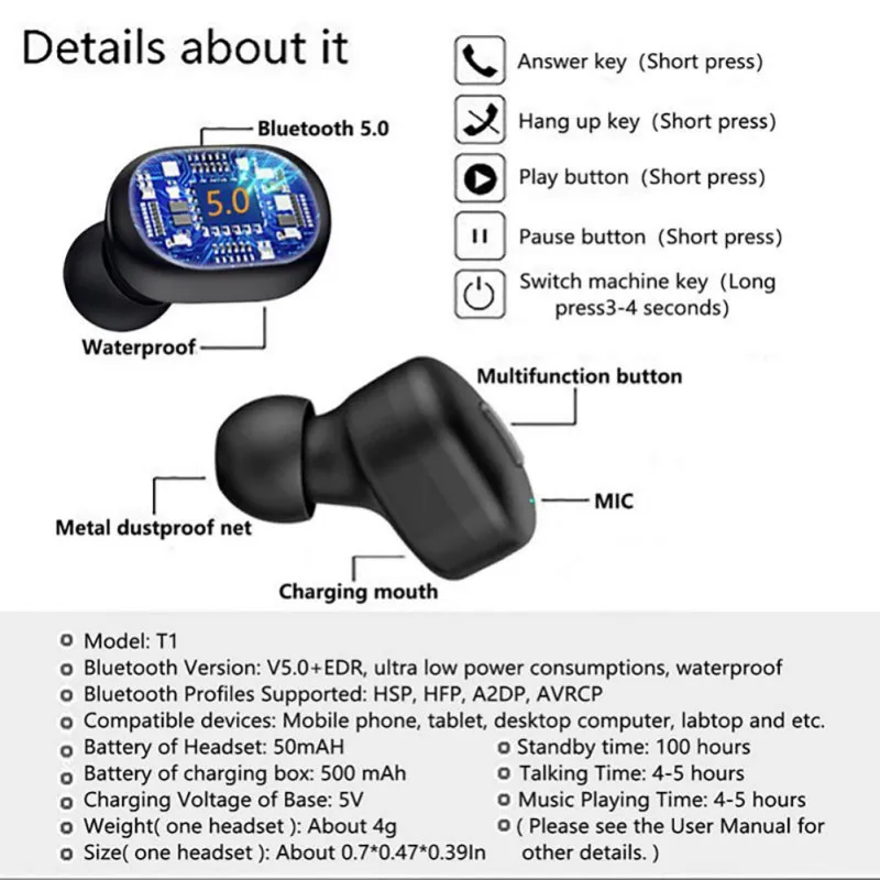 Мини T1 TWS V5.0 Bluetooth наушники 3D True беспроводные стерео наушники с микрофоном Портативный hifi глубокий бас звук беспроводная двойная гарнитура