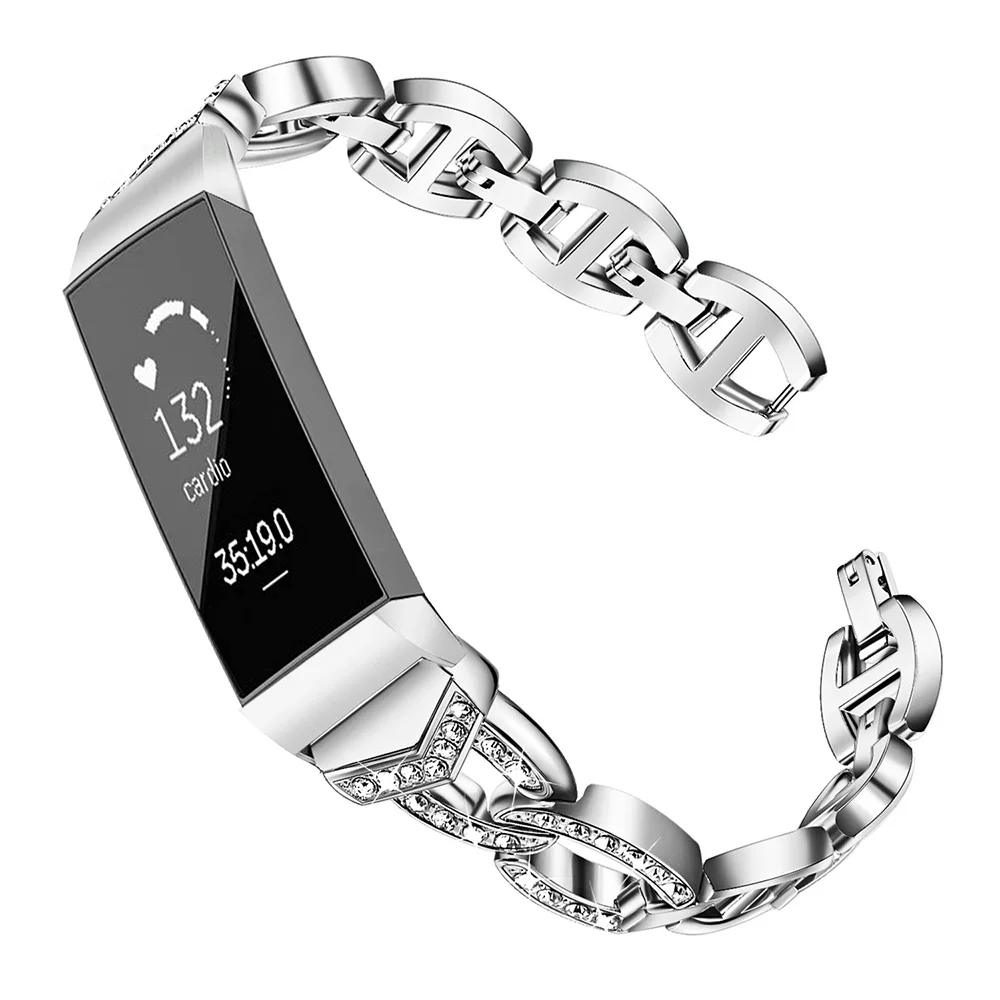 Ремешок с бриллиантами из нержавеющей стали и кристаллов для Fitbit Charge 3/Charge3 SE женские часы с драгоценностями ремешок на запястье металлический браслет - Цвет ремешка: Silver