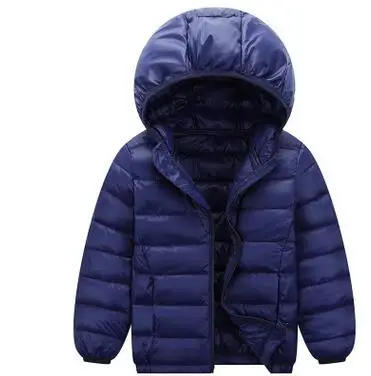 navy blue Однотонный ультра тонкий Детский пуховик короткие зимние пальто на молнии с длинными рукавами для девочек, повседневные куртки с капюшоном для мальчиков - Цвет: navy blue