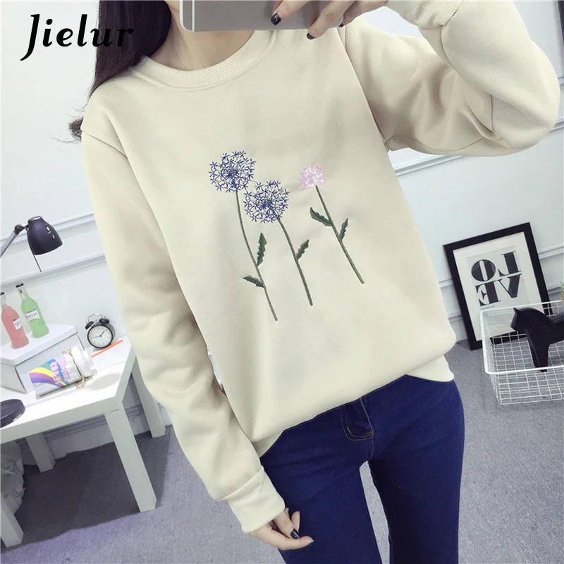 Jielur Одуванчик вышивка флис sudaderas mujer 2019 Новый Белый Синий базовый шик толстовки