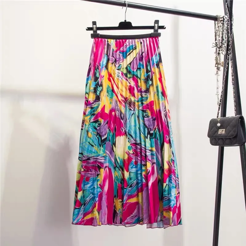 

Floral Pattern Skirt 2019 New-Coming Summer Eurpoean High Street Style A-Line Mid-Calf Vacation skirt High Quality Women Skirts
