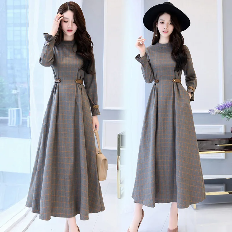 

women plaid Dress European Style Women Spring Autumn Dress Elegant A-Line Plaid Long Sleeve Dress Slim Work Wear OL Dresses