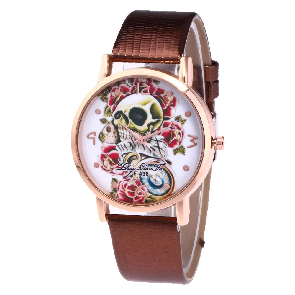 

Zhoulianfa Brand Fashion Women Leather Band Quartz Watch Analog Skull Print Ladies Female Casual Dress Watches relogio feminino