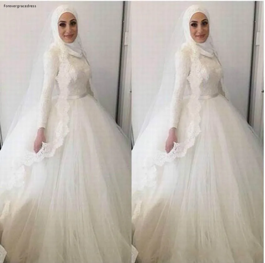 Muslim Arabic Dubai Style Hijab Vintage High Neck Wedding Dresses Long Sleeves Appliques Modest Bridal Gowns with Sash Custom Made  182