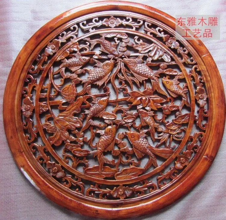 

32" China fine workmanship Camphorwood nine fishs wall plate Sculpture Staue