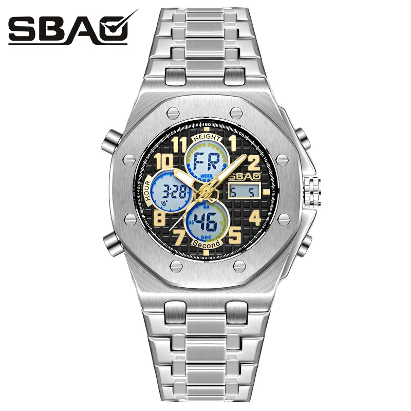 

Fashion Sbao Brand New Arrival Men Sport Watch Double Display Male Quartz Alarm Stop Multi-function Watches Relogio Masculino