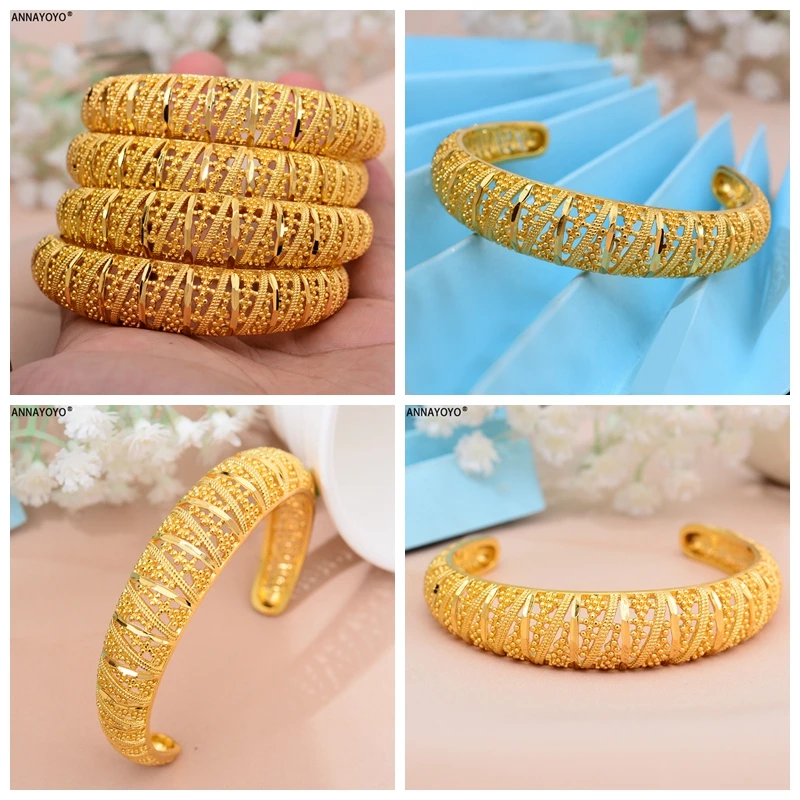 Annayoyo 4Pieces/Openable Dubai Bangles Ethiopian Bracelets&Bangles for Women African Wedding Jewelry Arabic Middle East