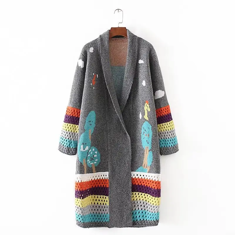 

2019 New Women Colorful Hollow Jacquard Contrast Color Sweater Cardigan Coat Female Loose Thicken Long Sleeve Autumn Winter Tide